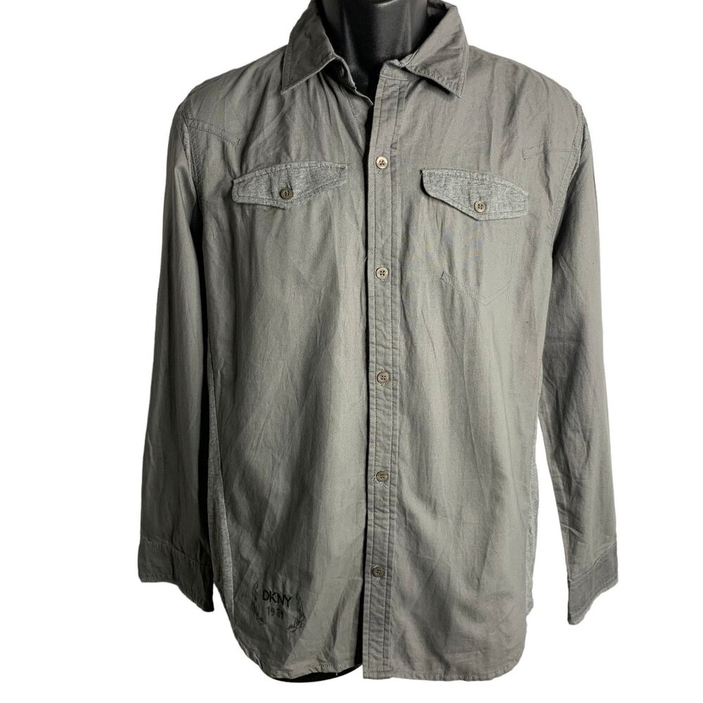DKNY Button Up Roll Tab Sleeve Shirt M Grey Collar Chest Pockets Mixed Fabric